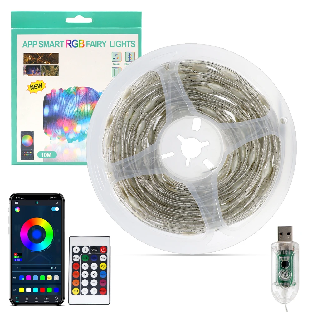 USB Power Smart RGB Strip Light 5V Bluetooth App Control Fairy LED String Light IP65 Waterproof Garland Lamp for Christmas Decor