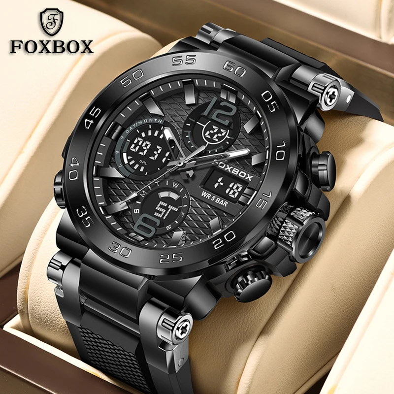 FOXBOX ساعات رجال الأعمال الفاخرة غواص الرياضة ساعة رجالي موضة عسكرية مقاوم للماء كرونوغراف كوارتز ساعة اليد Reloj Hombre