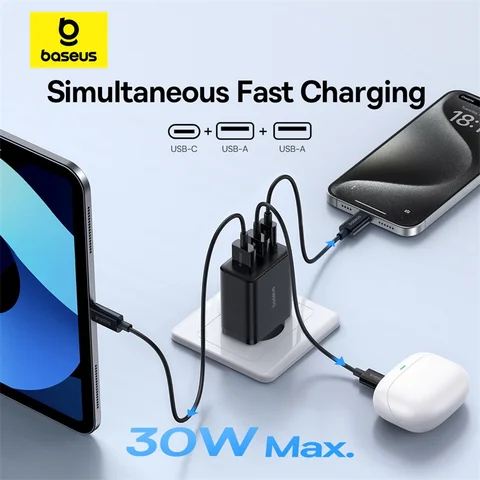 Зарядное устройство Baseus 30W USB-C PD QC3.0, 3 порта, быстрая зарядка — внешний вид товара