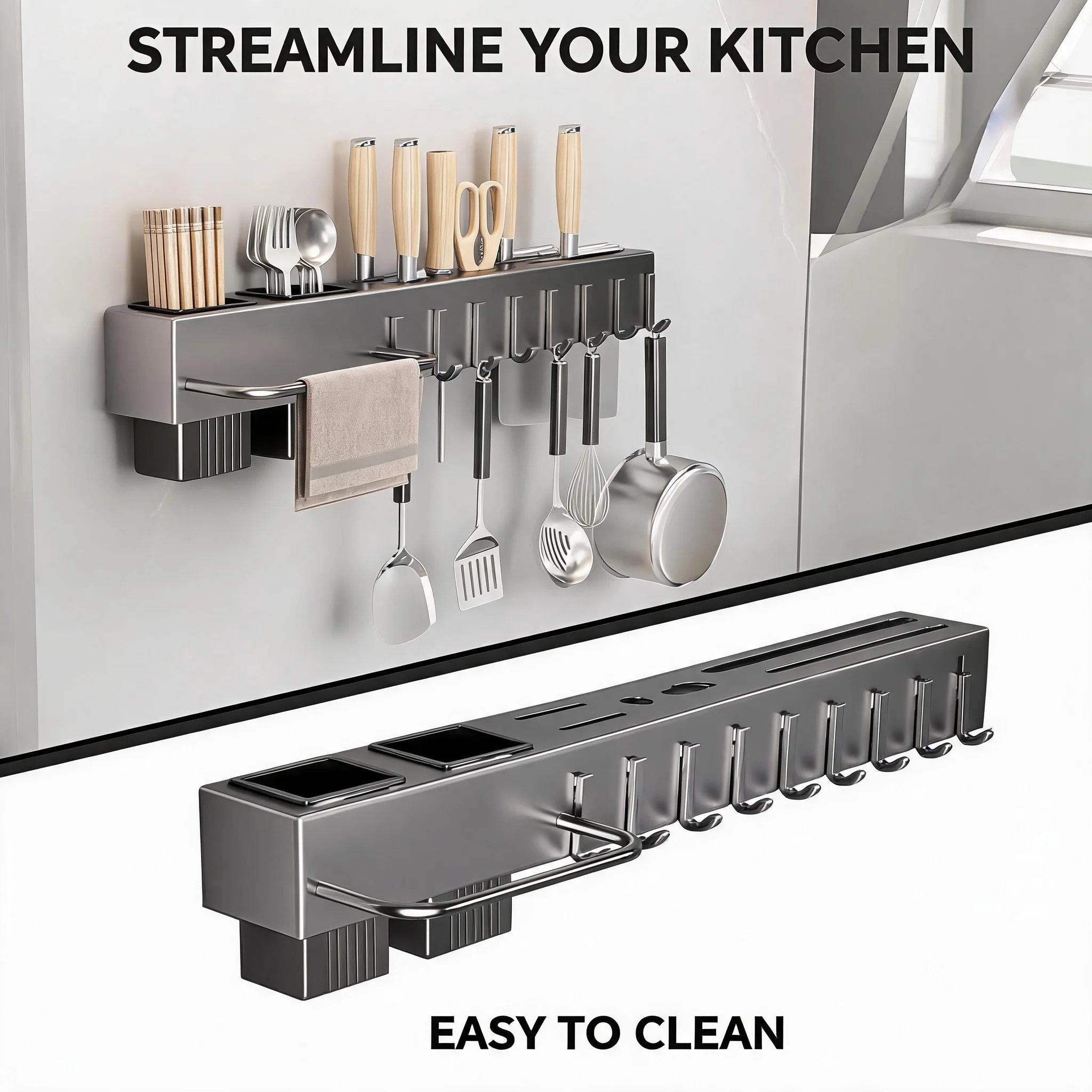 Tool‑Free Multifunctional Kitchen Organizer Wall Mount Shelf Chopstick Holder for Knives and Common Kitchen Utensils
