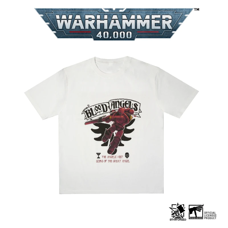 Starforged Star Casting]Warhammer 40K Game Peripheral Products Holy Blood Angel Theme T-shirt Trendy White