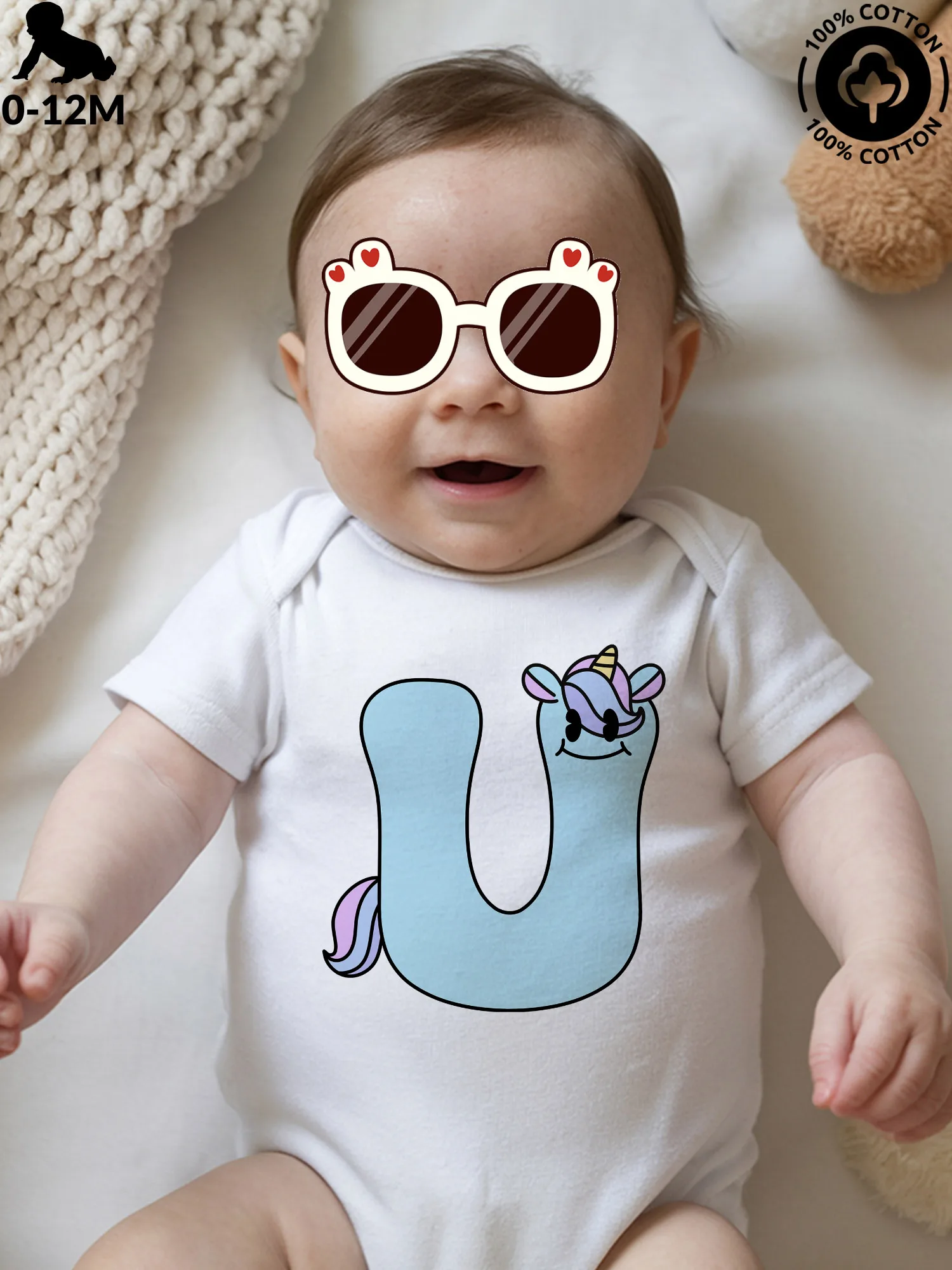 Traje de gateo unisex para bebé con la letra U de Unicornio, pelele de algodón puro suave, mono blanco para todas las estaciones 190GSM