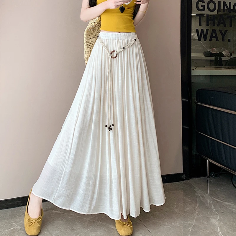 Boho Women's Skirt Cotton Linen Yellow Female Skirts High Waist Harajuku 2025 Trend  Luxury Elegant Vintage Long Skirt With Belt