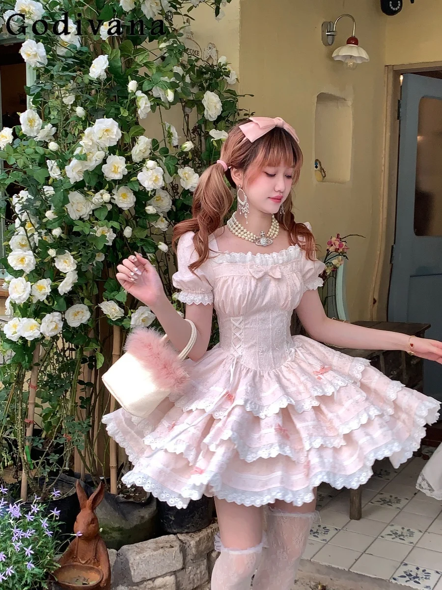 

Girly Harajuku Sweet Cute Pink Cake Princess Dresses Summer New Fashion Bow Lace Ruffles High Waist Slim-Fit Elegant Dress Women