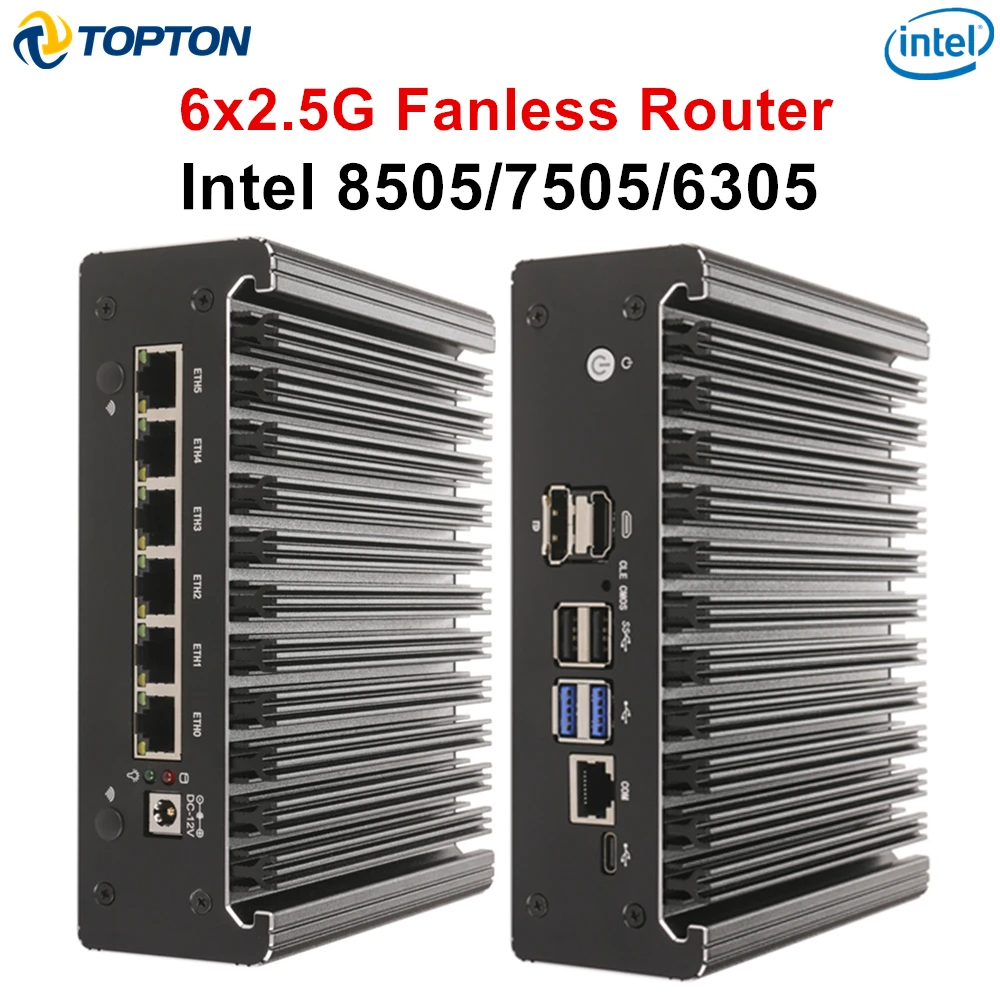 Solid Fanless Mini PC with Firewall Intel Pentium Gold 8505 7505 6305 6x2.5G LAN DDR5/DDR4 NVMe/SATA Proxmox/pfSense Home Server