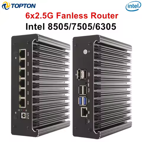 Solid Fanless Mini PC with Firewall Intel Pentium Gold 8505 7505 6305 6x2.5G LAN DDR5/DDR4 NVMe/SATA Proxmox/pfSense Home Server