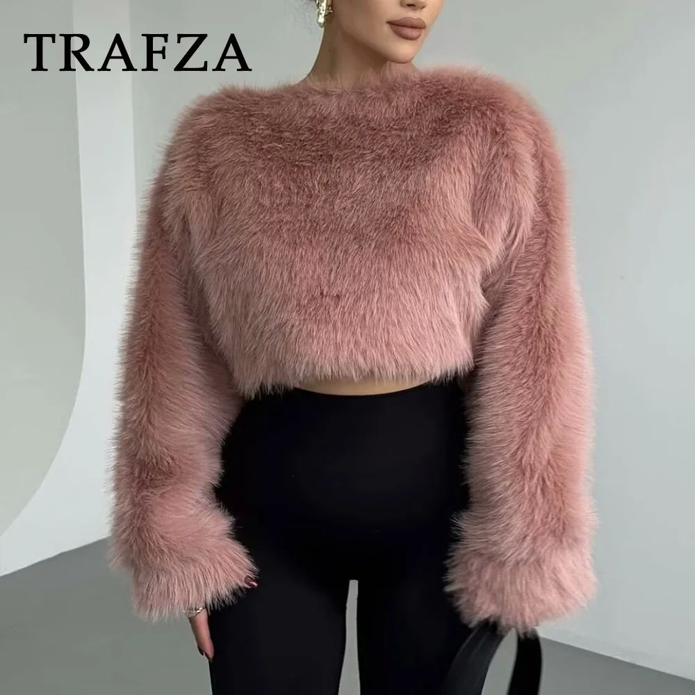 TRAFZA Chic Solid Pink Furry Faux Fur Club Winter Fashion 2025 Women Jacket Pullover Elegant Noble Outwear Luxurious Party Coat