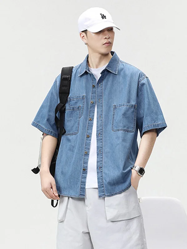 

Summer New Men's Casual Loose Fit ort Sve Denim irt Vintage Sle Tee ket Workwear Jaet Soft And Comfortable