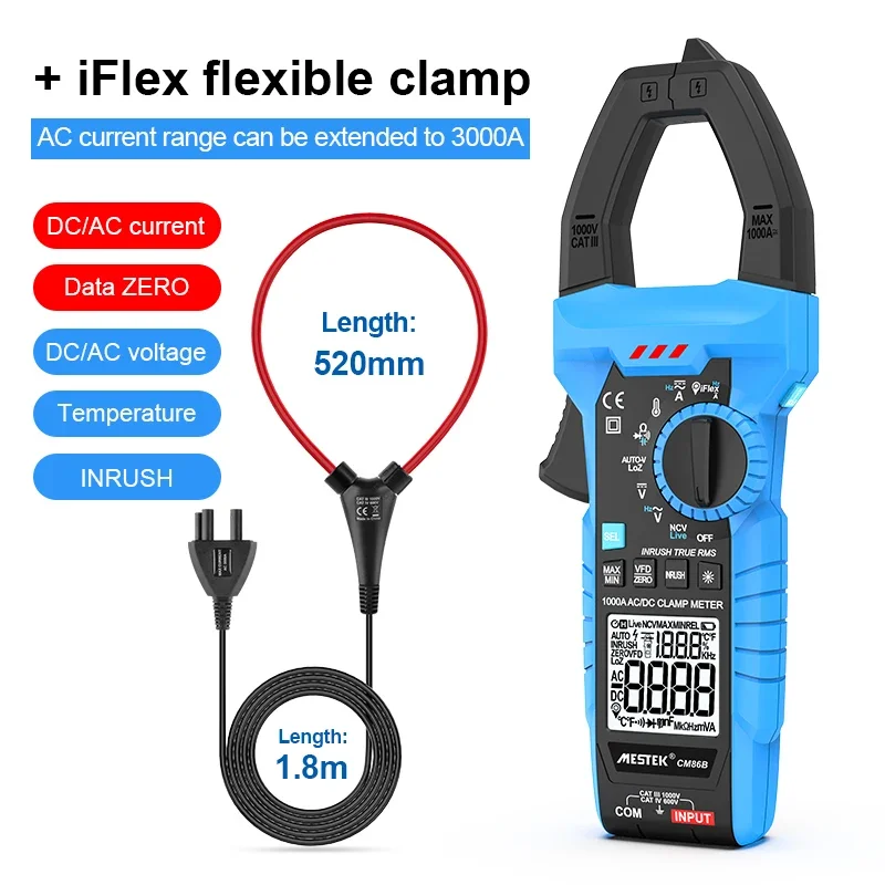 Mestek CM86B True-RMS 1000A AC/DC Curent Clamp Meter with iFlex Measures DC current iFlex current probe pinza amperimetrica