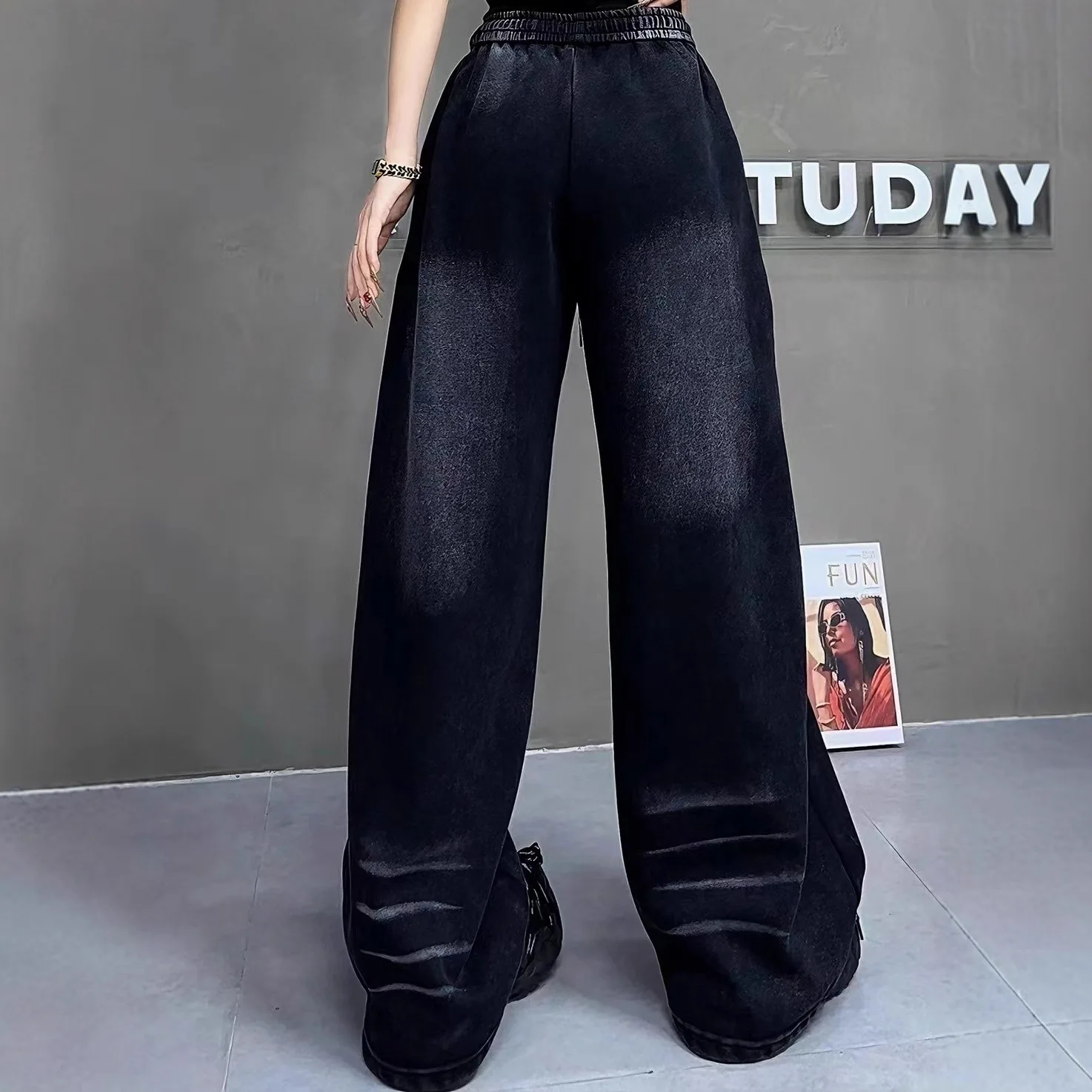 European Style Fleece-Lined Casual Pants for Women 2025 Autumn Winter New Striped Patch Letter Washed Cotton Loose Long Pants