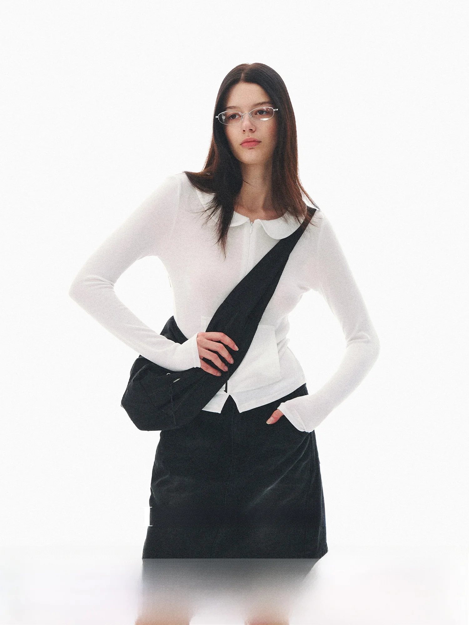 

LaluneDuCiel Lazy Girl Knitted T-Shirt Women's Long Sleeve Zipper Pocket Doll Collar Casual Style High Waist Slim Fit Tee