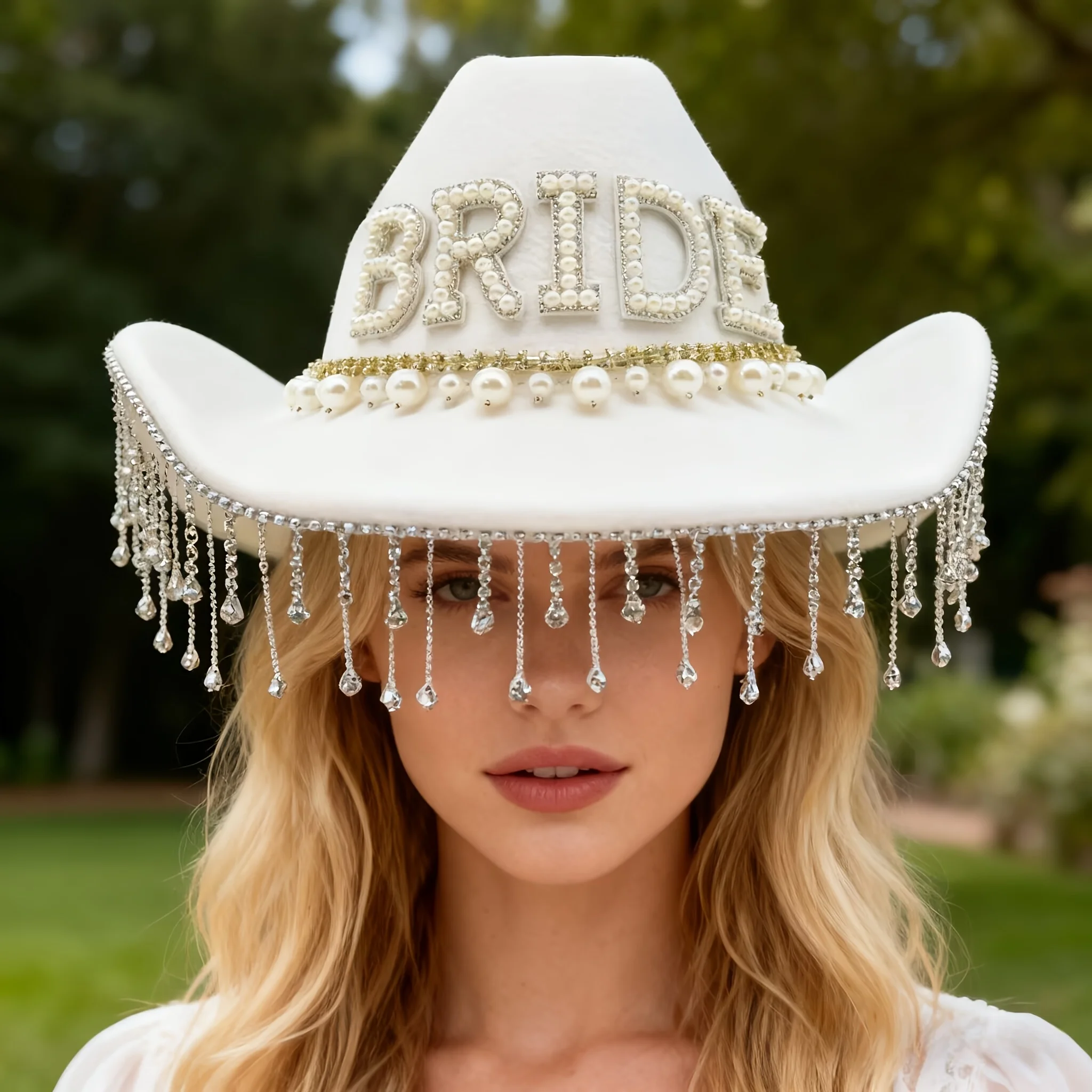 HongLuan witte bruiloft kostuum hoed volwassene, cowboyhoeden strass voor vrouw, cowboy cosplay vrouwelijke accessoires en cowgirl pet