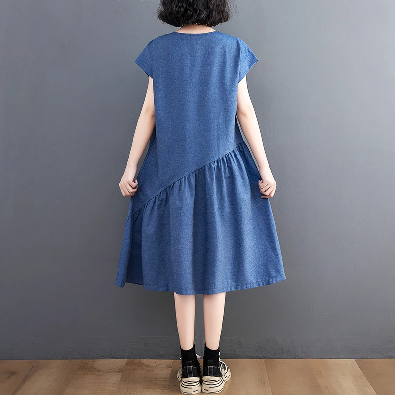 5165 Summer New Arrival Fashion Denim Dresses For Women Elegant Temperament Loose Casual Short Sleeve Female Blue Ruffled Skirt