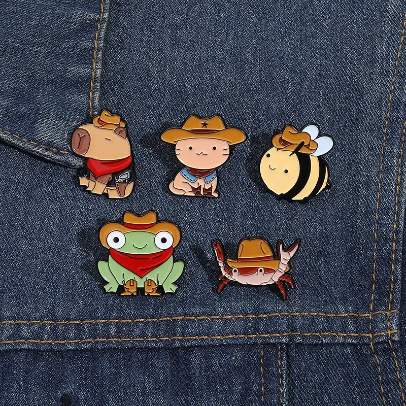 Cartoon Cute Animal Cowboy Hat Frog Bee Guinea Pig Cute Design Versatile Metal Jewelry Brooch Pins for Backpacks Badges Metal