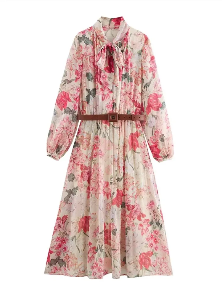 Długa sukienka damska z kwiatowym nadrukiem 2025 Nowa letnia elegancka luźna sukienka midi z dekoltem w kształcie litery O i paskiem Chic Boho Casual Party Dress