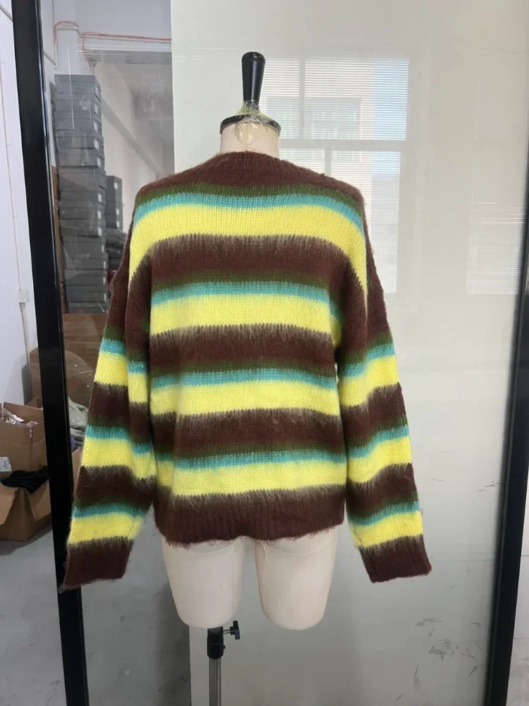 Schicker, farbenfroher gestreifter Damenpullover mit Rundhalsausschnitt, langen Ärmeln, lässiger Strickpullover, 2026 NEU Frühling, locker sitzende Damenpullover – Detail 5