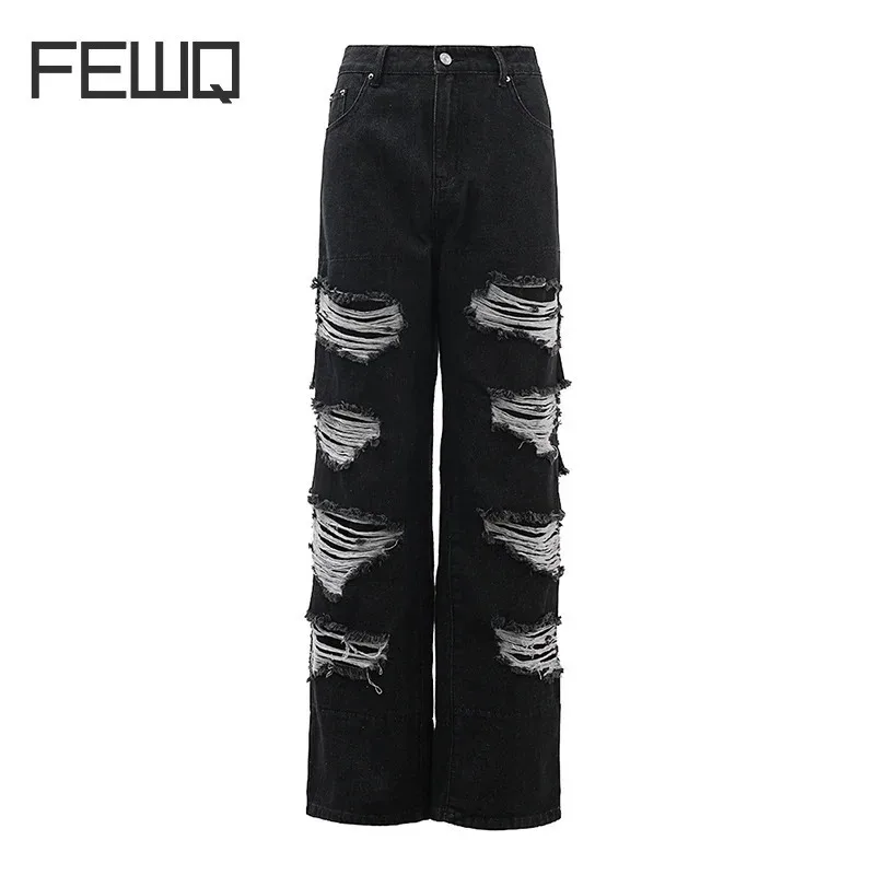 FEWQ Denim Pants High Waist Hollow Out Broken Holes Black Tassel Straight Female Jeans 2024 Autumn New Fashion CPG1730