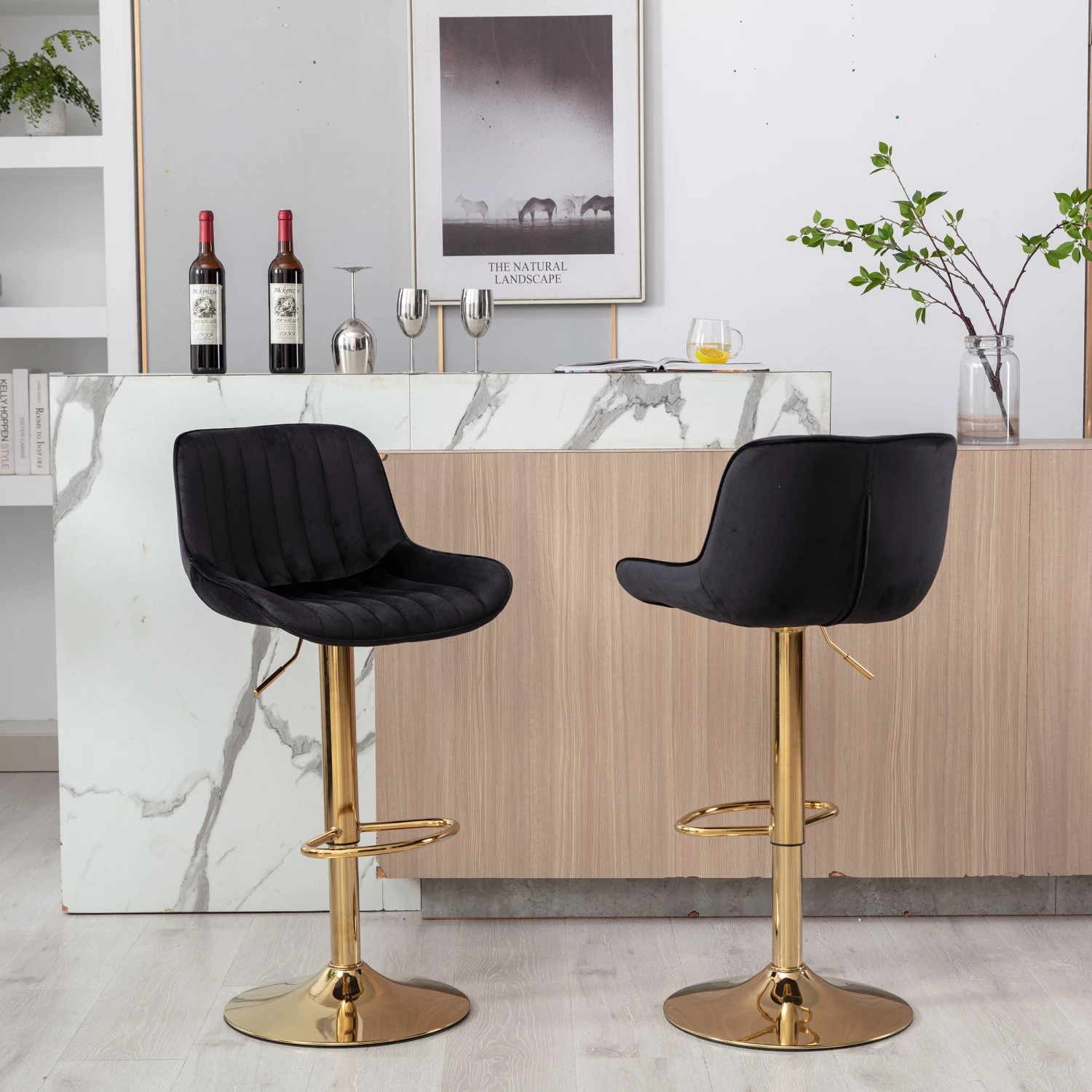 Height Adjustable Velvet and Golden Leg Bar Stool Set, 2 Pack, Black