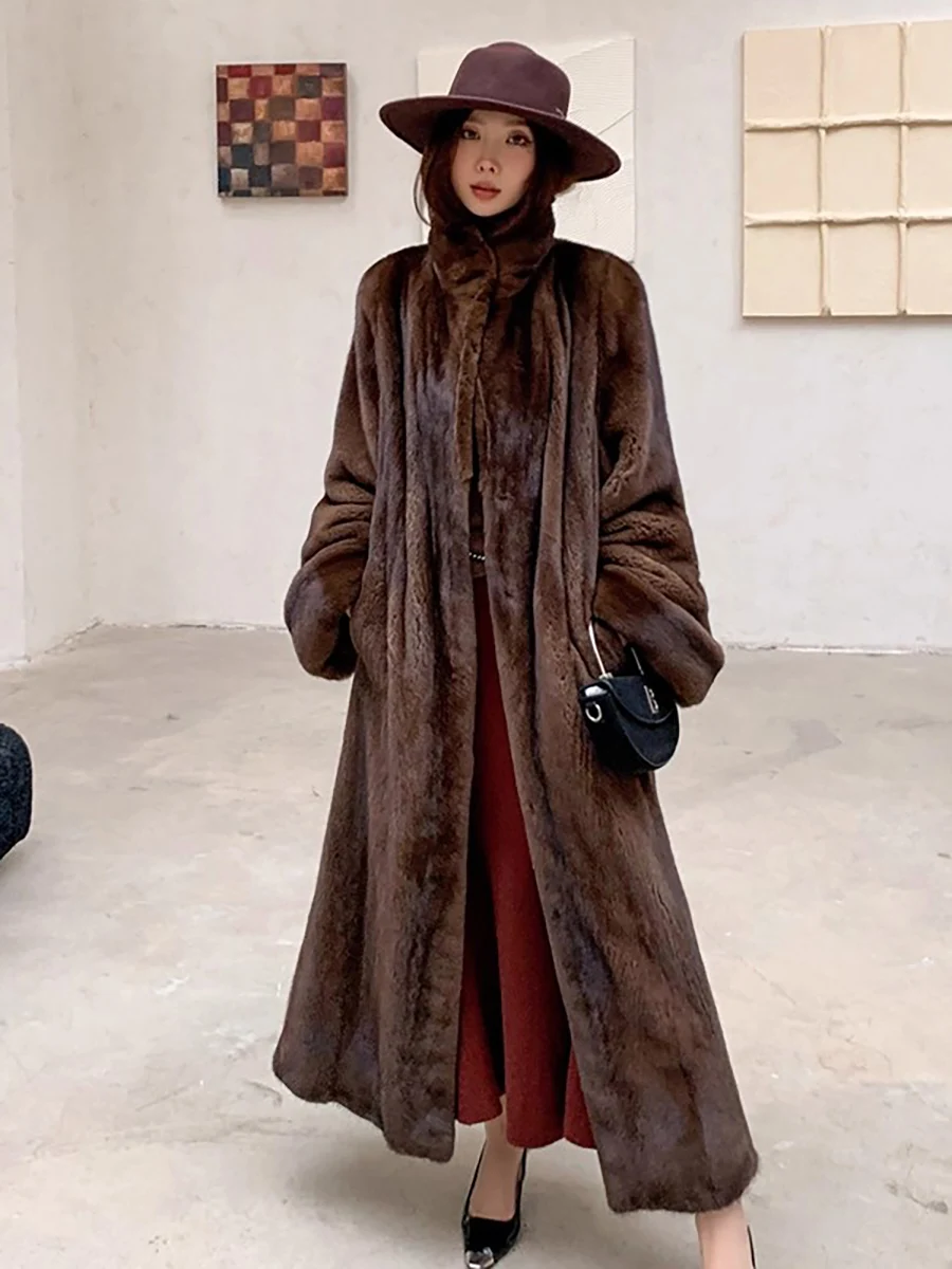 

Lautaro Winter Long Luxury Elegant Stylish Thick Warm Fluffy Brown Faux Mink Fur Coat Women Stand Collar Loose Furry Overcoat