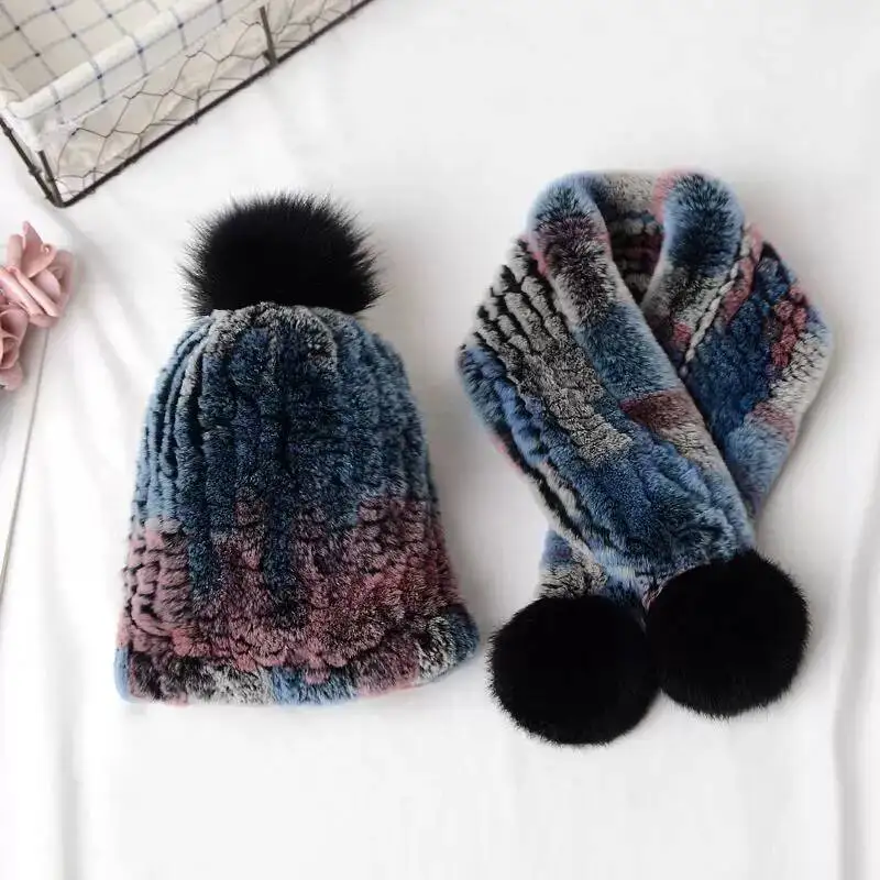 Natural Rex Rabbit Fur Hat Scarf Set For Women Winter Soft Fluffy Genuine Fur Cap Neck Warm Thermal Outdoor Fashion Accessories