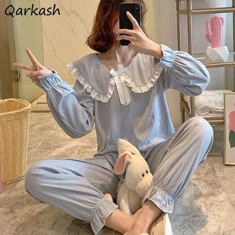 

Pajama Sets Women Lace Lovely Japan Style Maiden Casual Patchwork Autumn Sleepwear Breathable Female Preppy College Ins Design