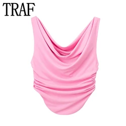 TRAF 2023 Pink Crop Top Women Ruched Tank Tops Y2k Streetwear Sleeveless Sexy Tops Woman Fashion Asymmetric Summer White Top