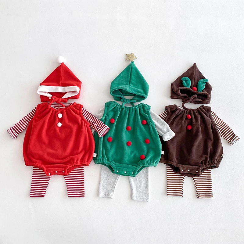 2024 Christmas Costume New Year Clothing Suit Infant Baby Boys Girls Jumpsuit Newborn Baby Boys Girls Thick Bodysuits+Hat