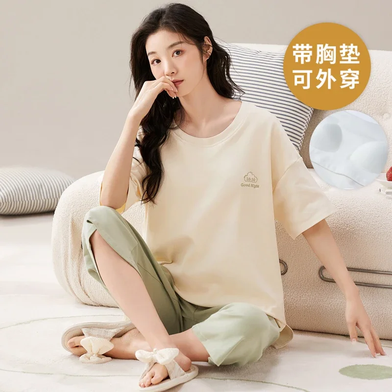 NEW Chest Padded Women Cotton Pajamas Set Summer Calf-length Sleepwear Plus Size M-2XL Big Woman's Pyjamas Casual Pijama