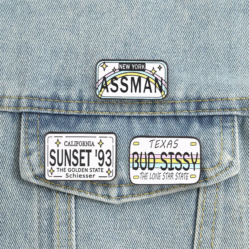 Pop Culture License Plate Enamel Pins TV Show Memes Brooches Sassy Lapel Badges New York California Texas Jewelry Gift