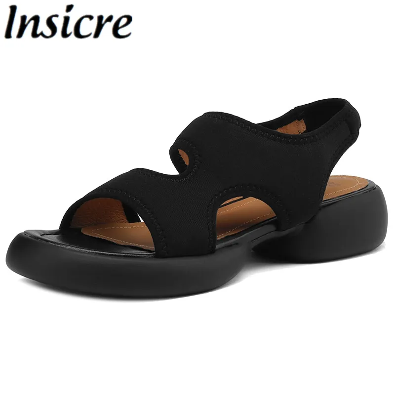 

Insicre 2023 Leisure Women Sandals Microfiber Thick Mid Heels Round Toe Platform Handmade Summer Shoes Top Quality Black