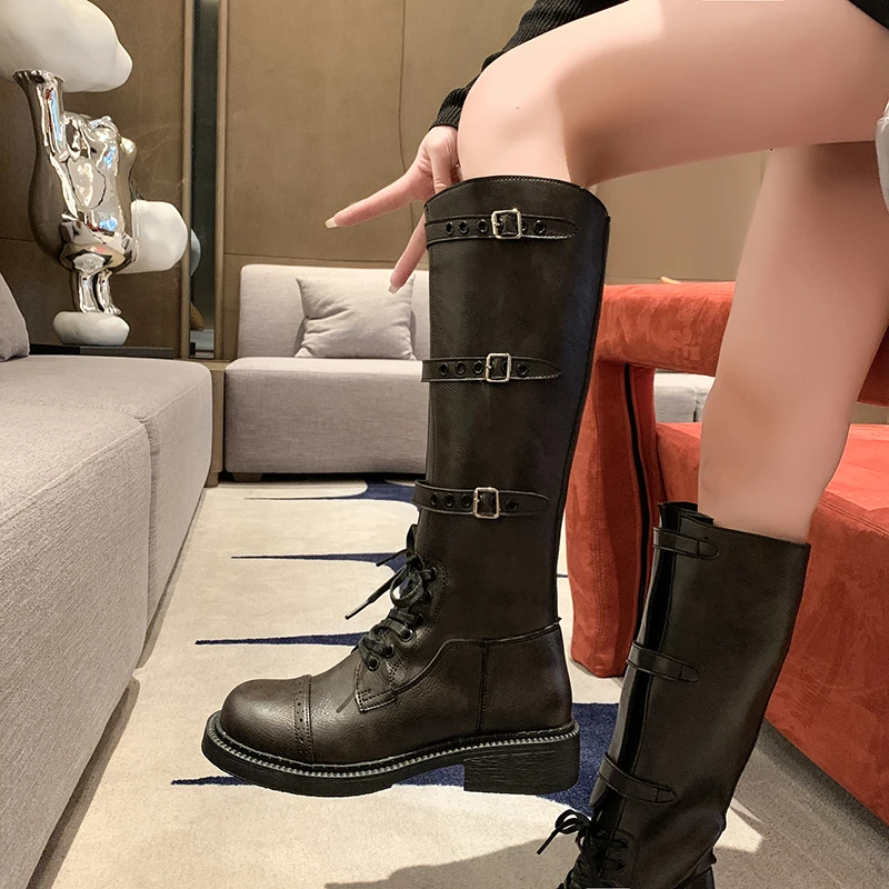 

Brand Design Women's Brown Vintage Motorcycles Boots Shoes Winter Black Belt Straps Wasteland Style Knee High Boots