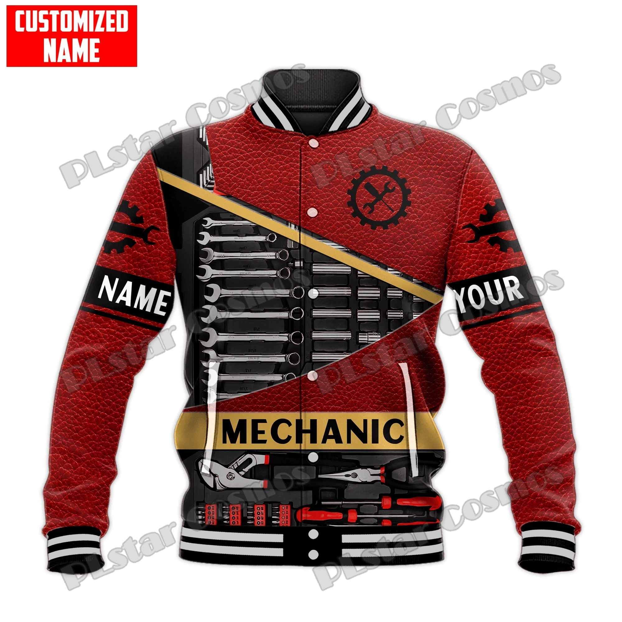 Chaqueta de béisbol con patrón mecánico con nombre personalizado para hombre, chaqueta universitaria de béisbol con estampado 3D, informal, a la moda, para invierno, BQF06