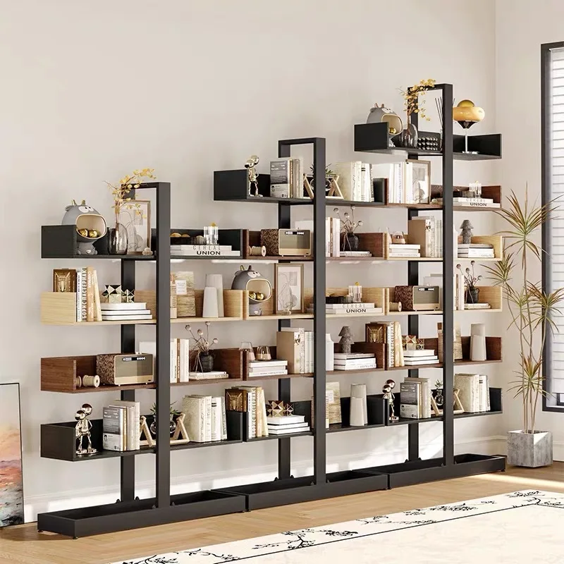 Wrought iron solid wood bookshelves living room multi-layer storage shelves Household simple bookcase display cabinets