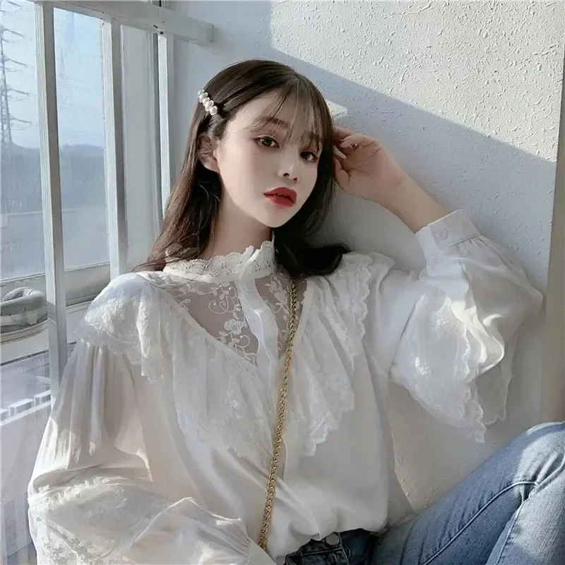 Spring Lace Loose Long Sleeve Elegant Korean Women Blouse Solid Color Casual Stand Collar Button Fashion Lady Clothes 11335