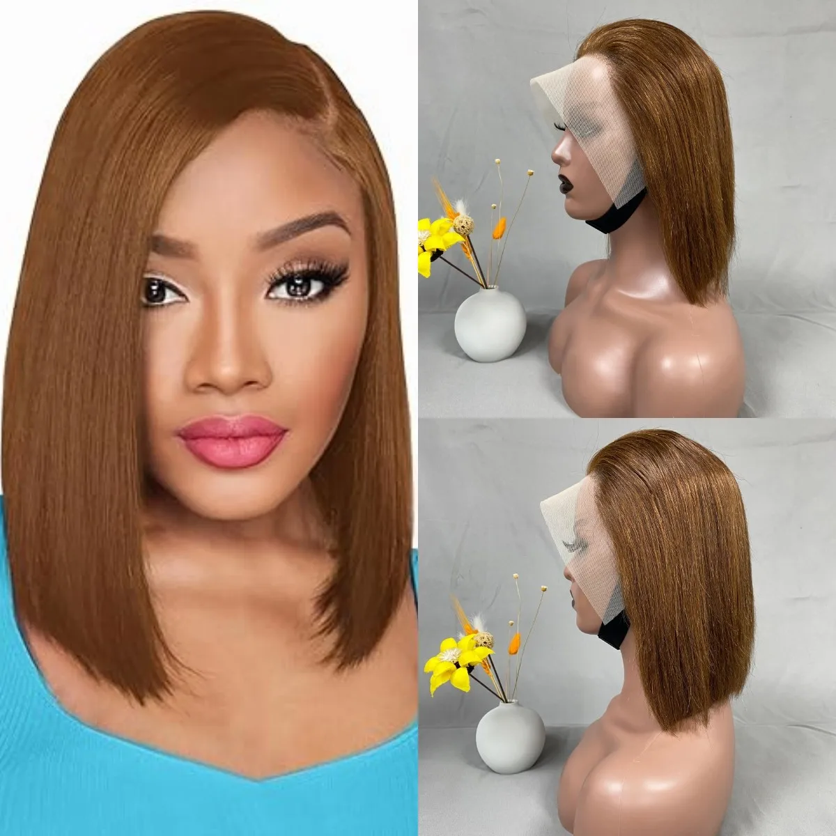 Short Straight 13x4 Lace Front Wig Middle Part 100% Human Hair 200% Color #4 Dark Brown Short Bob Wigs Straight Wigs For Women