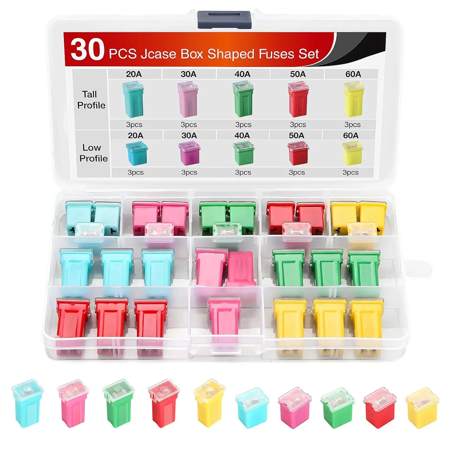 30pcs Jcase Car Fuse Assortment Kit Low Tall STD Profile Box Shaped Fuses Car Fuses Replacement 20A 30A 40A 50A 60A Automotive F