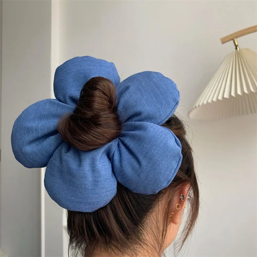 Exquisite Flower Shape Flower Scrunchies Blue Denim Cloth Large Hair Scrunchies Hair Tie Hair Rope Exaggerated Hair Ring party