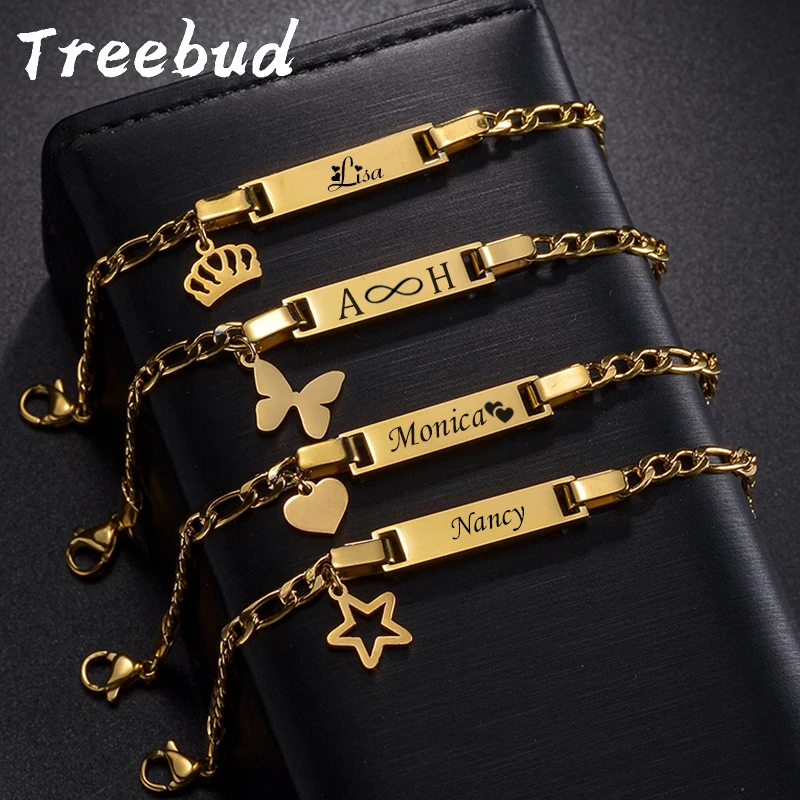 Treebud incide il nome dei braccialetti per bambini bracciale con ciondolo a corona a cuore personalizzato in acciaio inossidabile per regali di