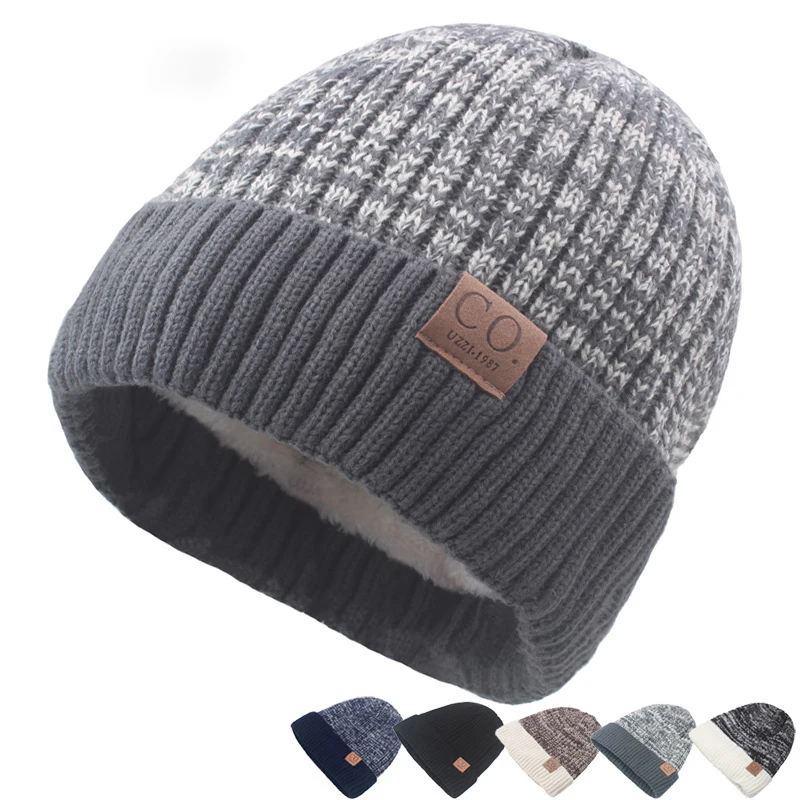 New Unisex Two-Tone Winter Hats Add Fur Lined Men And Women Fashion Warm Beanie Cap Casual Winter Knitted Hats