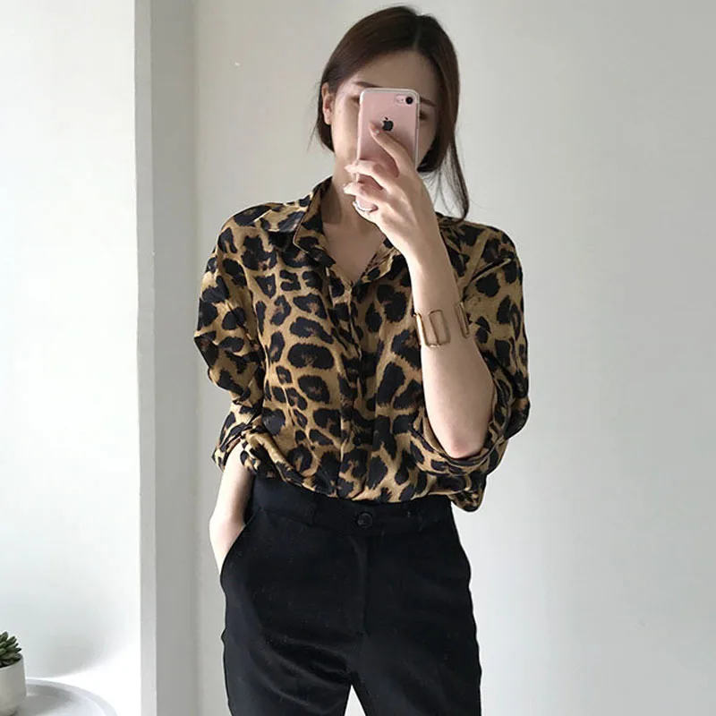 Women Shirt Leopard Print Blouses Vintage Full Sleeve Casual Loose Tops Shirts Work Y2k Streetwear Elegant Splice Blouse
