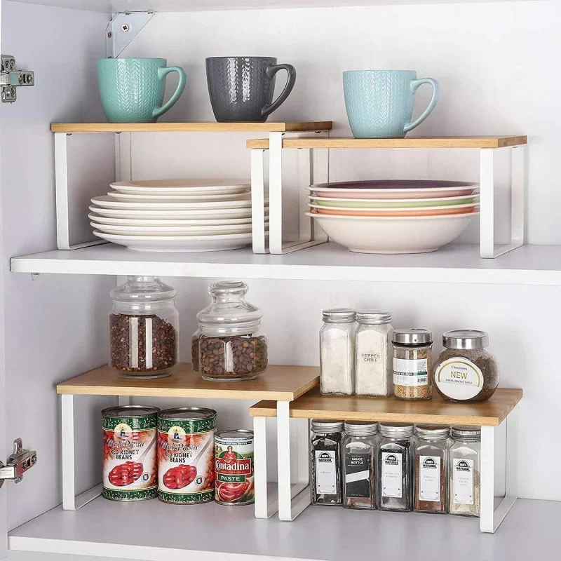 Double Layer Wood and Metal Kitchen Storage Rack,Spice Bottles Organizer,Wooden Multi-Purpose Desktop Tableware Container Shelf