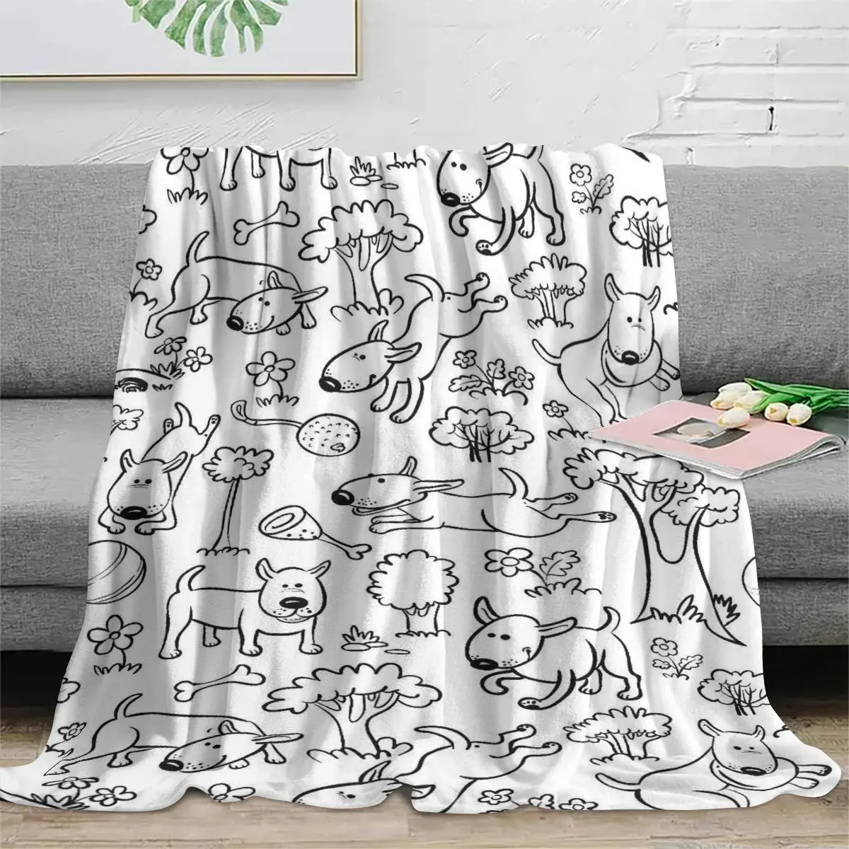 Black Line Doodle Dog Bone Tree Floral Decor Pattern Throw Blanket Soft Flannel Kids Bedroom Sleeping Nook Warm Home Decor Gift