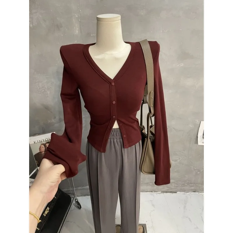 Fashionable Shoulder-padded Tops Single-breasted Long-sleeved T-shirts V-neck Slim-fitting Tops Short Autumn New Styles