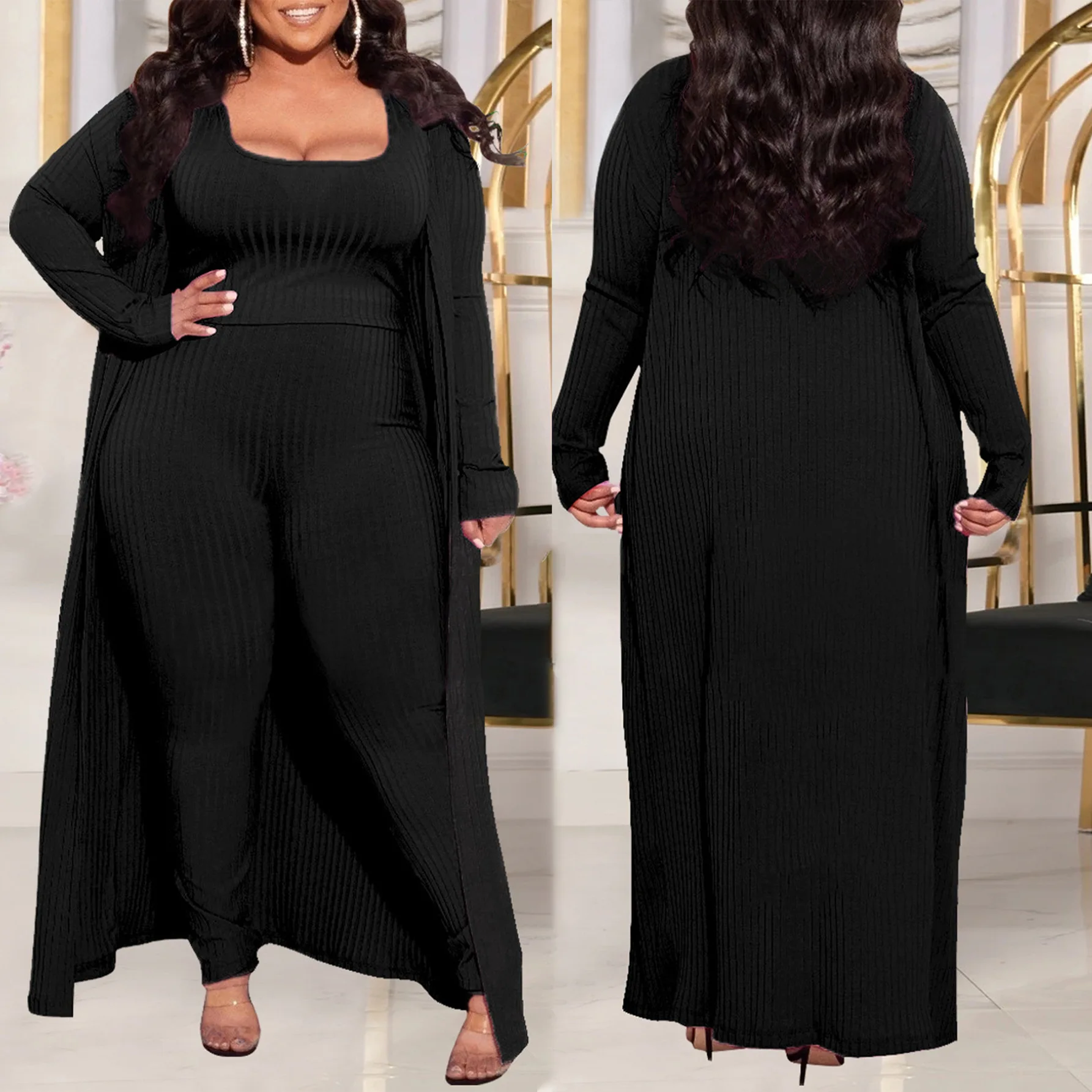 European And American High Elastic Pit Three-Piece plus Size Casual Fashion Sexy Temperament Suit for Autumn Winter