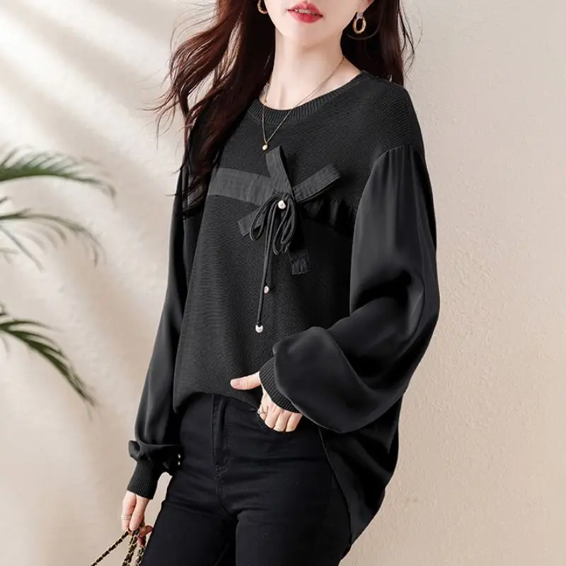 Spring Autumn Fashion Knitted Spliced Blouse Casual Round Neck Women\'s Clothing Korean Bow Drawstring Vintage Long Sleeve Shirt