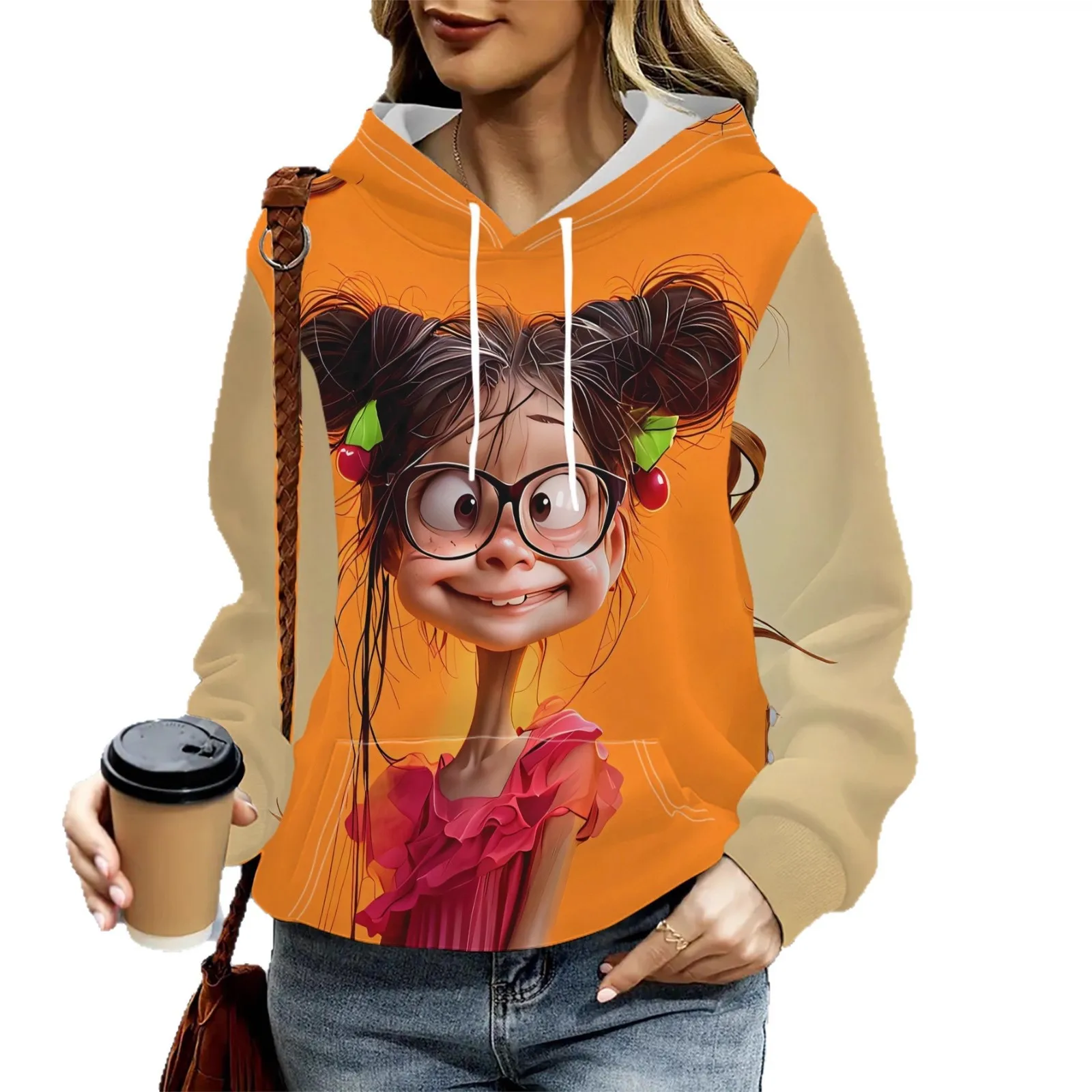 Picture 6: Women Retro Art 3D Mural Cartoon Girl Oversized Hoodie Drawstring Casual Streetwear Pullover