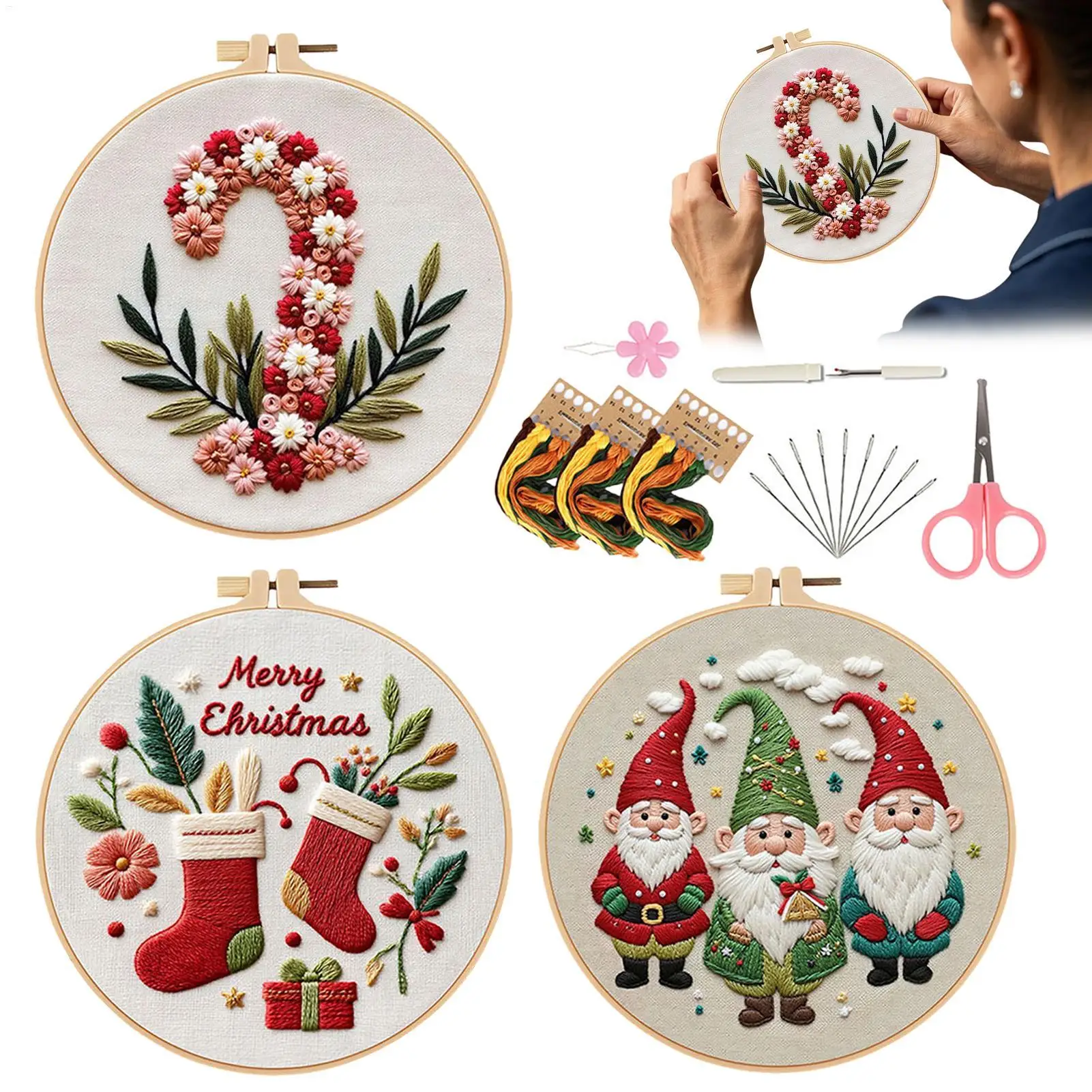 

Рождественские наборы для вышивания для взрослых, набор из 3 предметов для рукоделия с обручем, узор, иглы, нитки, рождественские наборы для вышивания крестом для