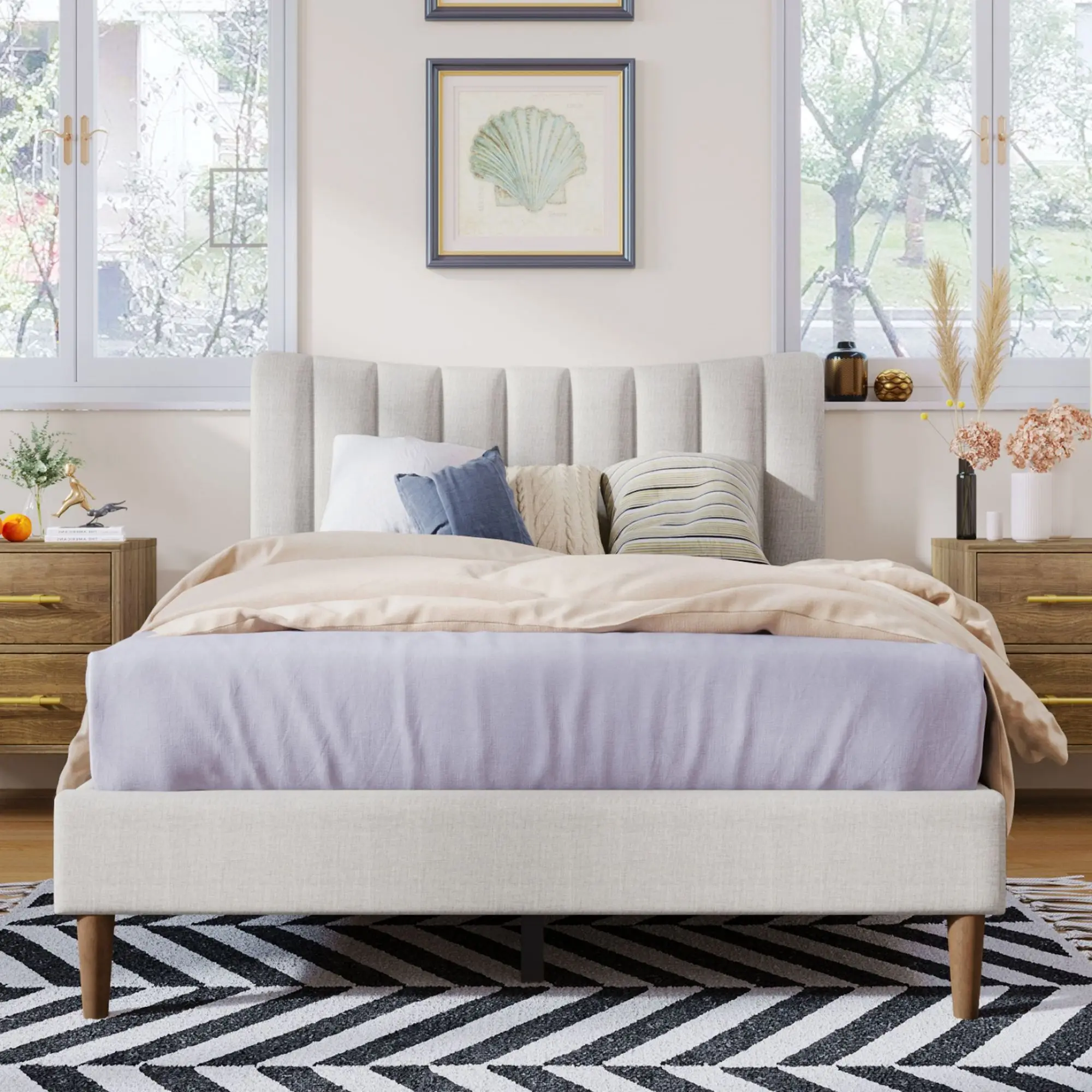 Upholstered Platform Bed Frame with Vertical Channel Tufted Headboard, No Box Spring Needed