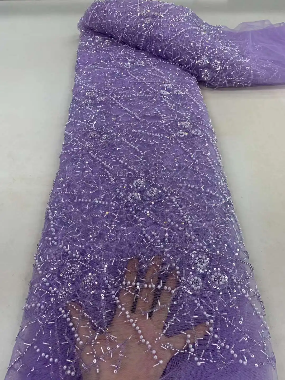 Purple Color 24H-10132 African French Mesh Lace Fabric with Sequins High Quality Tulle Material for Sewing Wedding Party Dresses