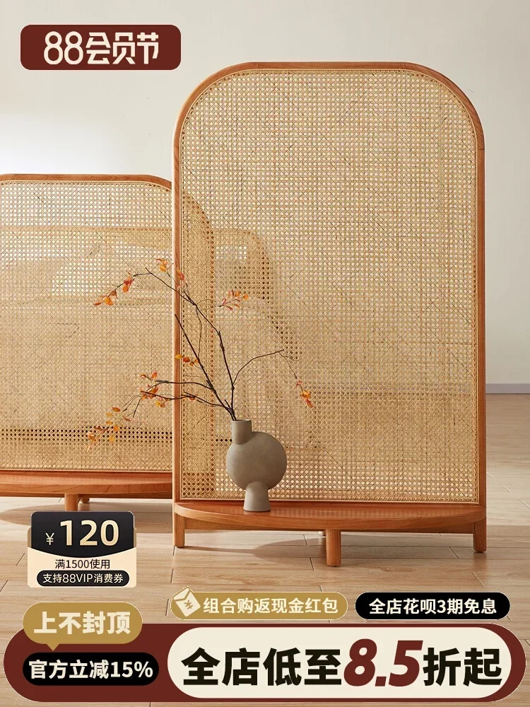 Rattan Furniture Solid Wood Rattan Screen Partition Wall Entrance Living Room New Chinese Retro Seat Screen Home Bedroom Shield